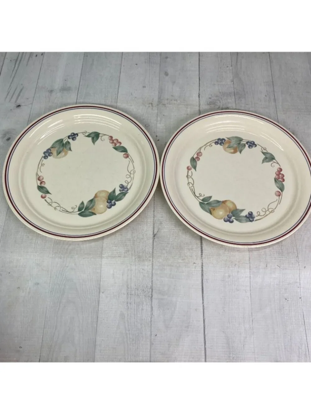 Corelle ABUNDANCE Cornerstone Beige Fruits Blue Maroon Bands Dinner Plates Set 6